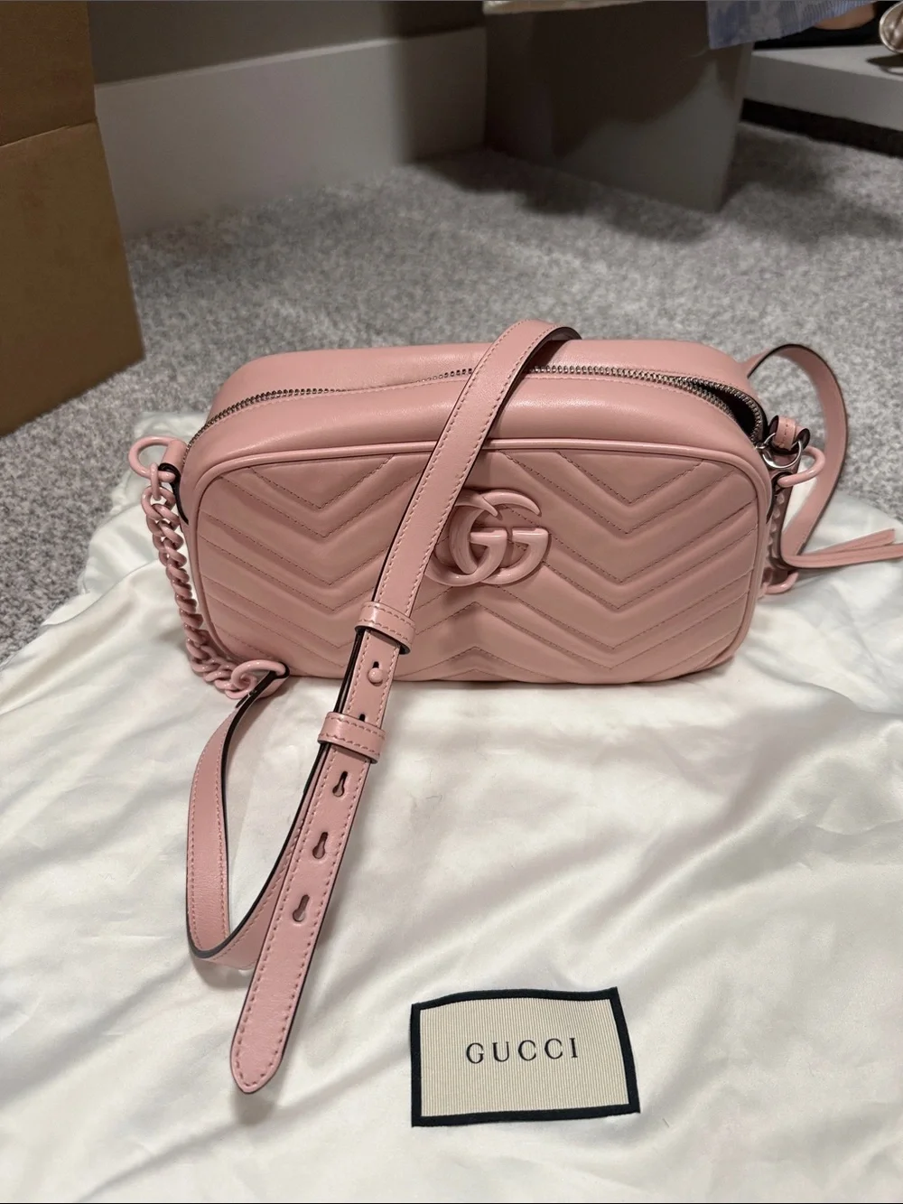 Gucci Blush Pink Chevron GG Marmont Small Camera Bag